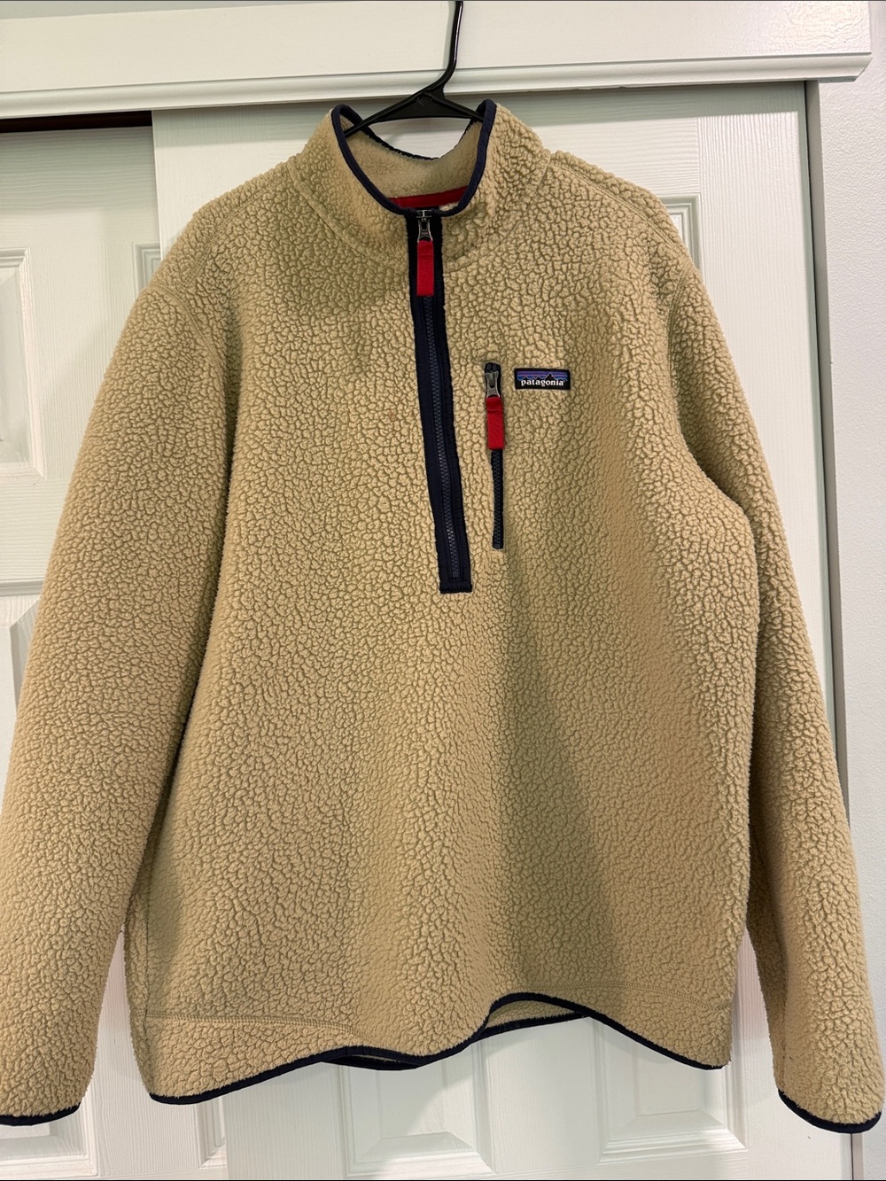 Patagonia Tan Fleece Pullover with Red & Navy Accents